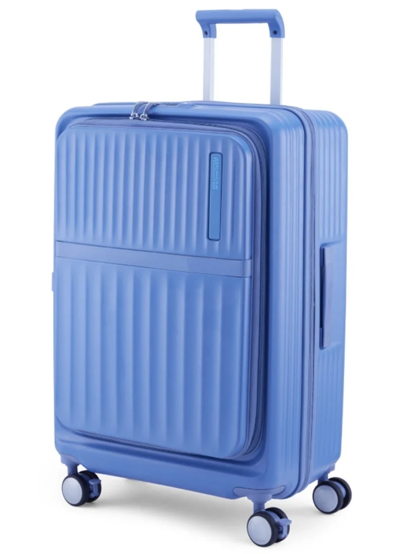 AMERICAN TOURISTER  Trento + Suitcase, Check-In Size 68 cm / 25 inch, 4 Spinner Wheels, Hard Top, Polycarbonate, Elemental Blue|2 In 1 Optimov™ Shock Absorbing Wheels|Book Opening|Expandable|TSA Lock|Waterproof Section - 3 Years International Warranty  | Best Price UAE